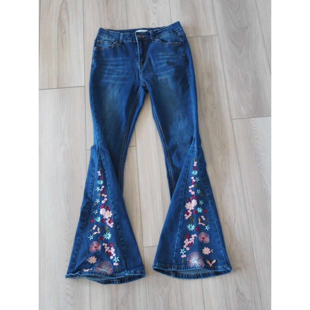 Bamboo Floral Embroidered Flare Jeans Size 9 girls Y2K Boho Bell Bottom Denim